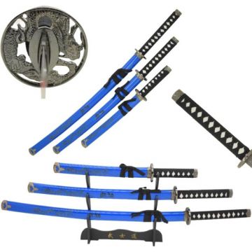 3 Pcs Samurai Sword Set Blue W/ Stand